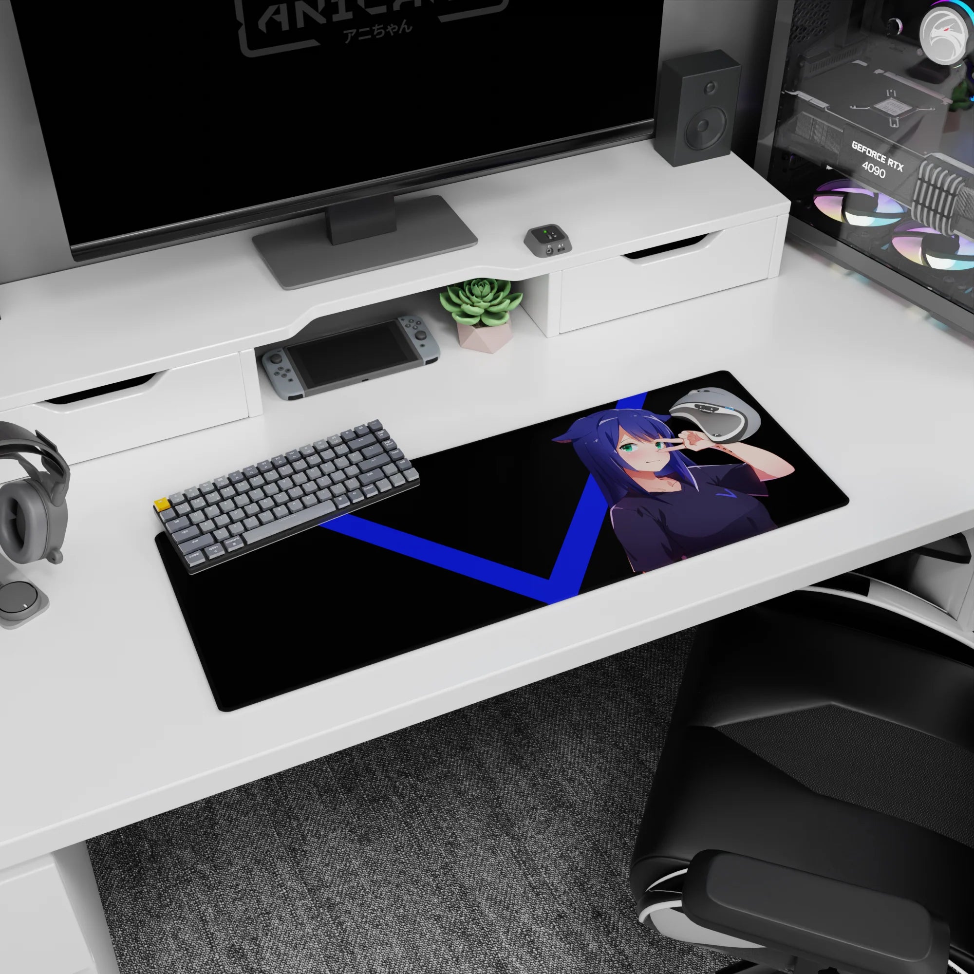 32x12 inches anime girl mouse pad showing a cat-ear girl flashing a peace sign on a dark backdrop.