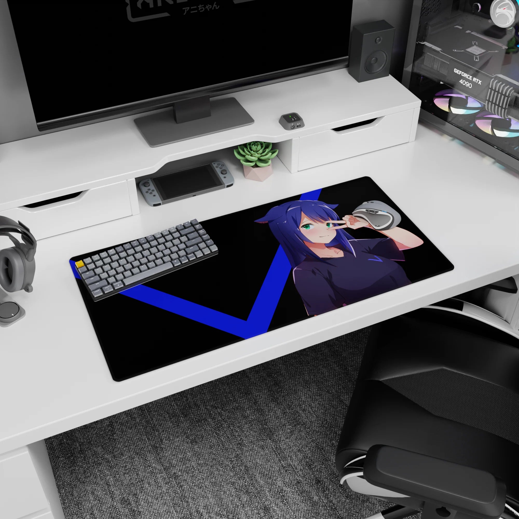 Cat-ear anime girl flashing a peace sign on mouse pad 32x16 inches, teal-eyed character on dark backdrop.