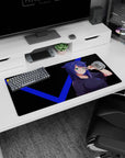 Cat-ear anime girl flashing a peace sign on mouse pad 32x16 inches, teal-eyed character on dark backdrop.