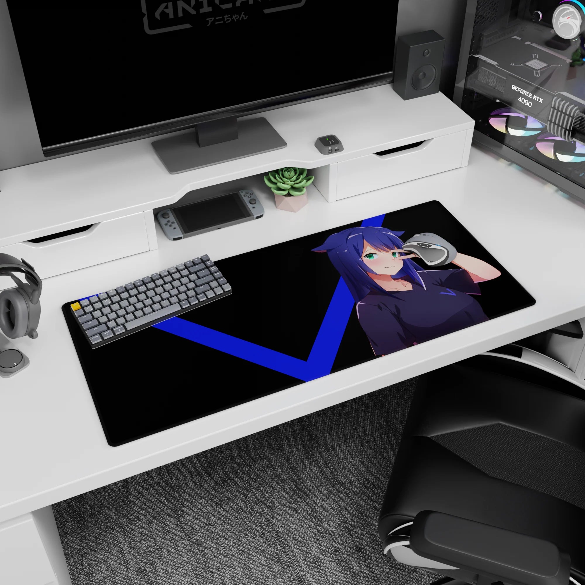 Anime cat-ear girl mouse pad 36x16 inches featuring teal-eyed character flashing a peace sign on dark backdrop.