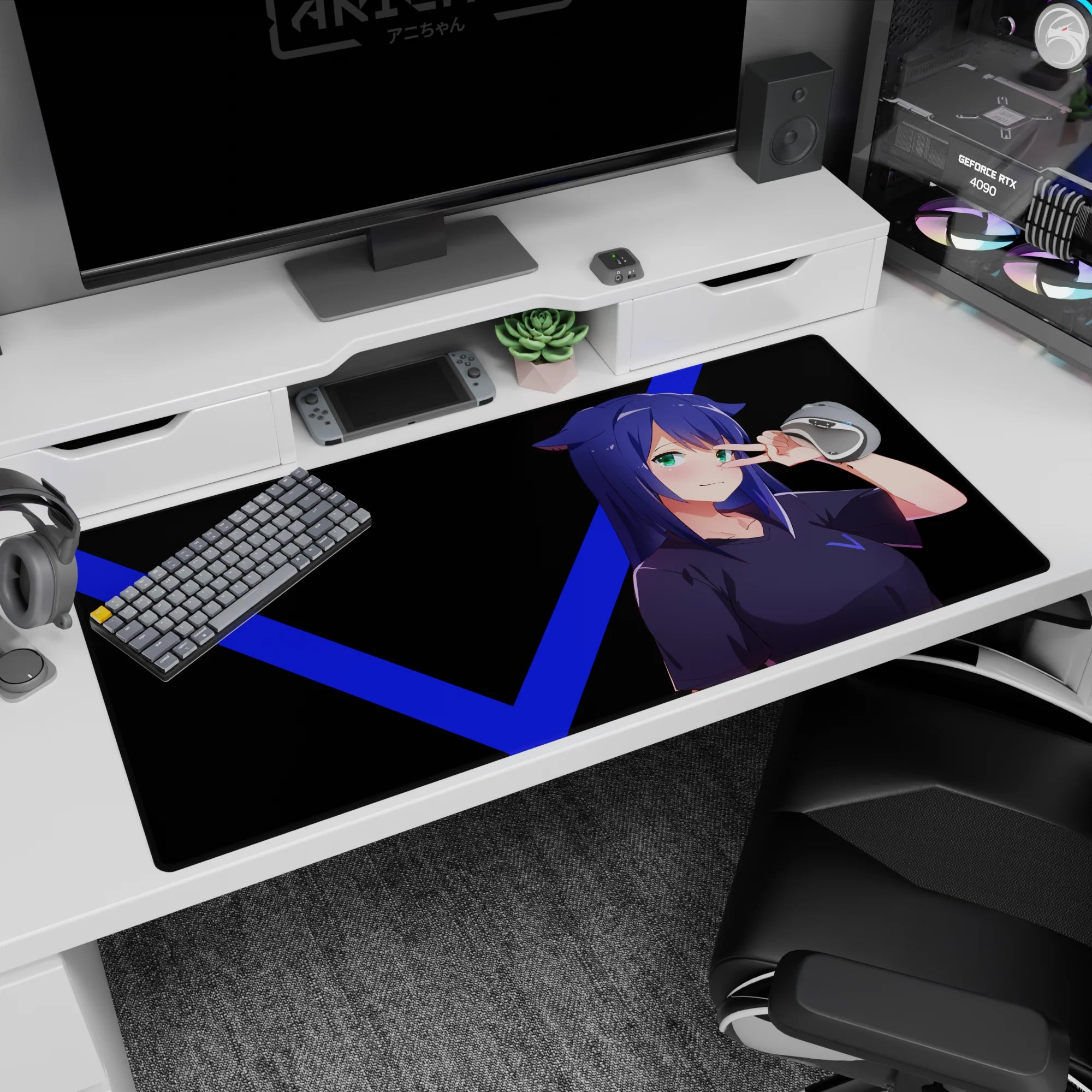 Anime cat-ear girl flashing a peace sign on a 40x20 inches mouse pad, crisp art for gamer desks.