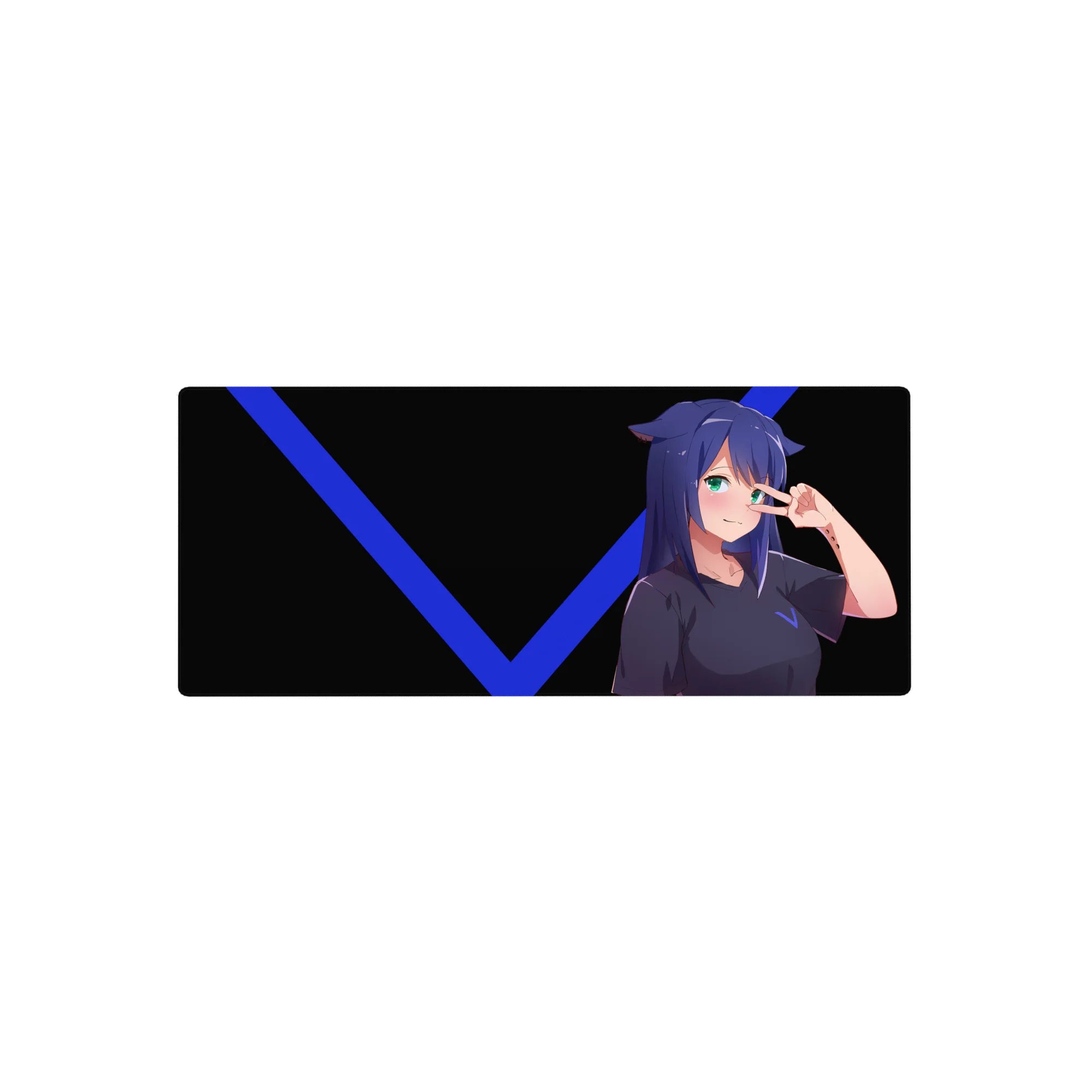 Anime girl mouse pad 28x12 inches with cat ears, peace sign pose, and bold V-line backdrop.
