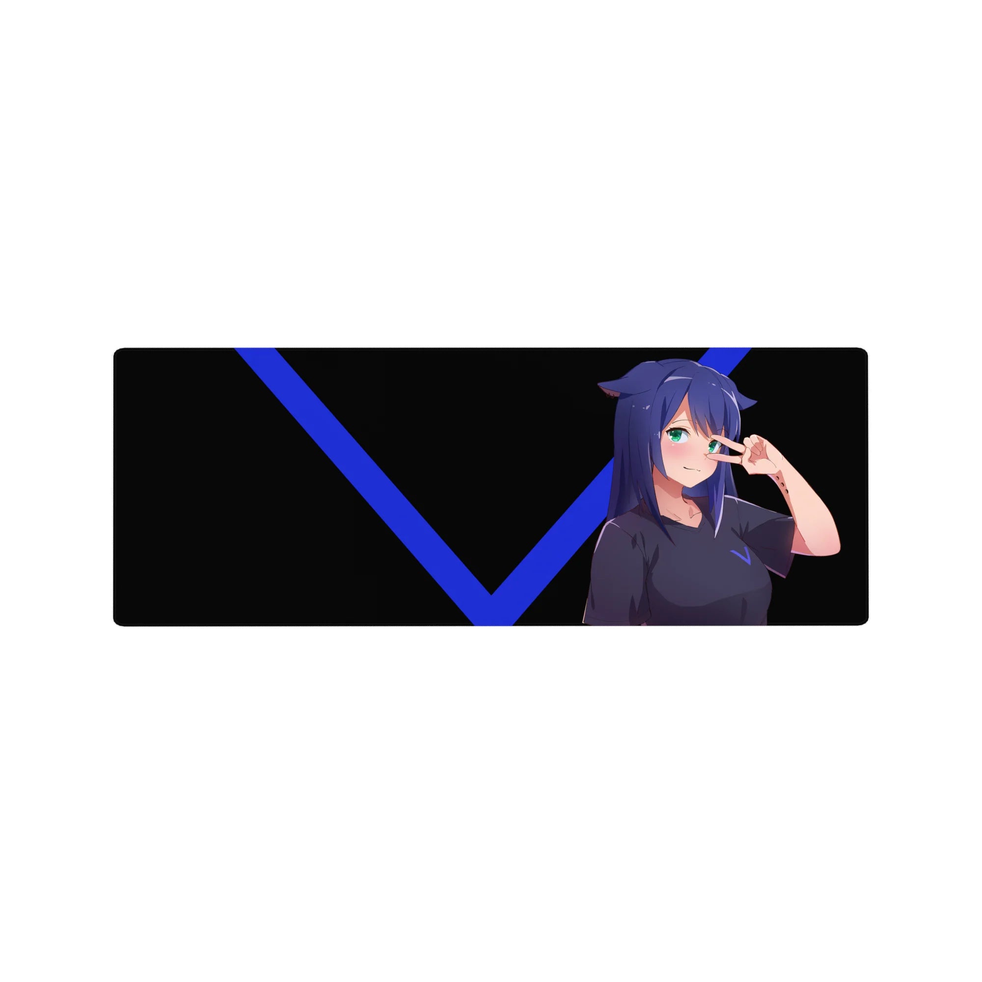 32x12 inches anime girl mouse pad with cat ears, peace sign pose, and bold electric blue V accents.