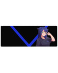 32x12 inches anime girl mouse pad with cat ears, peace sign pose, and bold electric blue V accents.