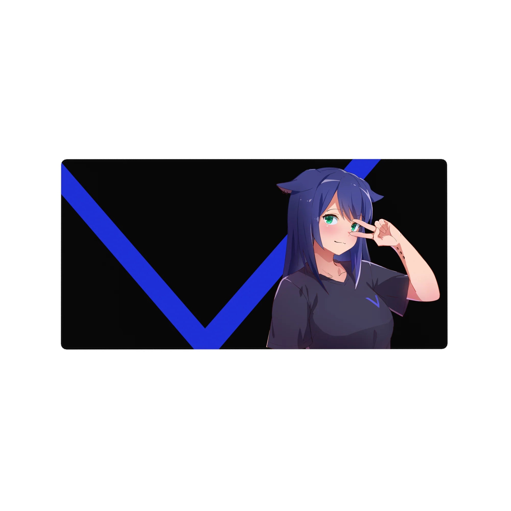Anime girl mouse pad 32x16 inches with cat ears, peace sign pose, bold black background and blue V lines.