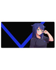 Anime girl mouse pad 32x16 inches with cat ears, peace sign pose, bold black background and blue V lines.