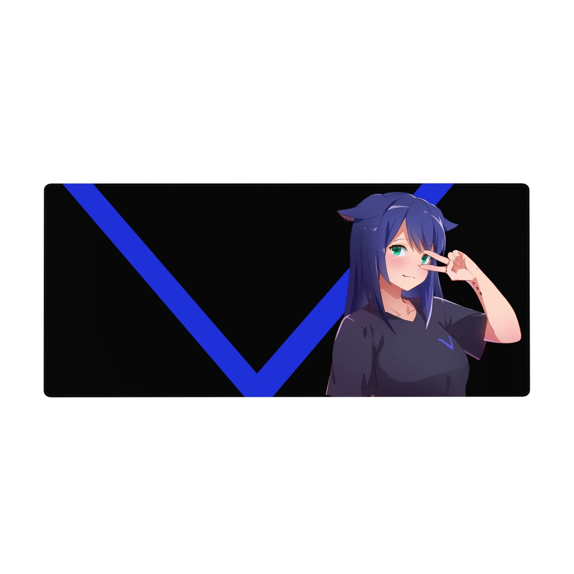 Anime girl desk pad 36x16 inches with cat ears, peace sign pose, black background and blue V accents.