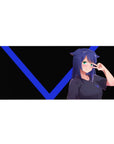 Anime girl desk pad 36x16 inches with cat ears, peace sign pose, black background and blue V accents.