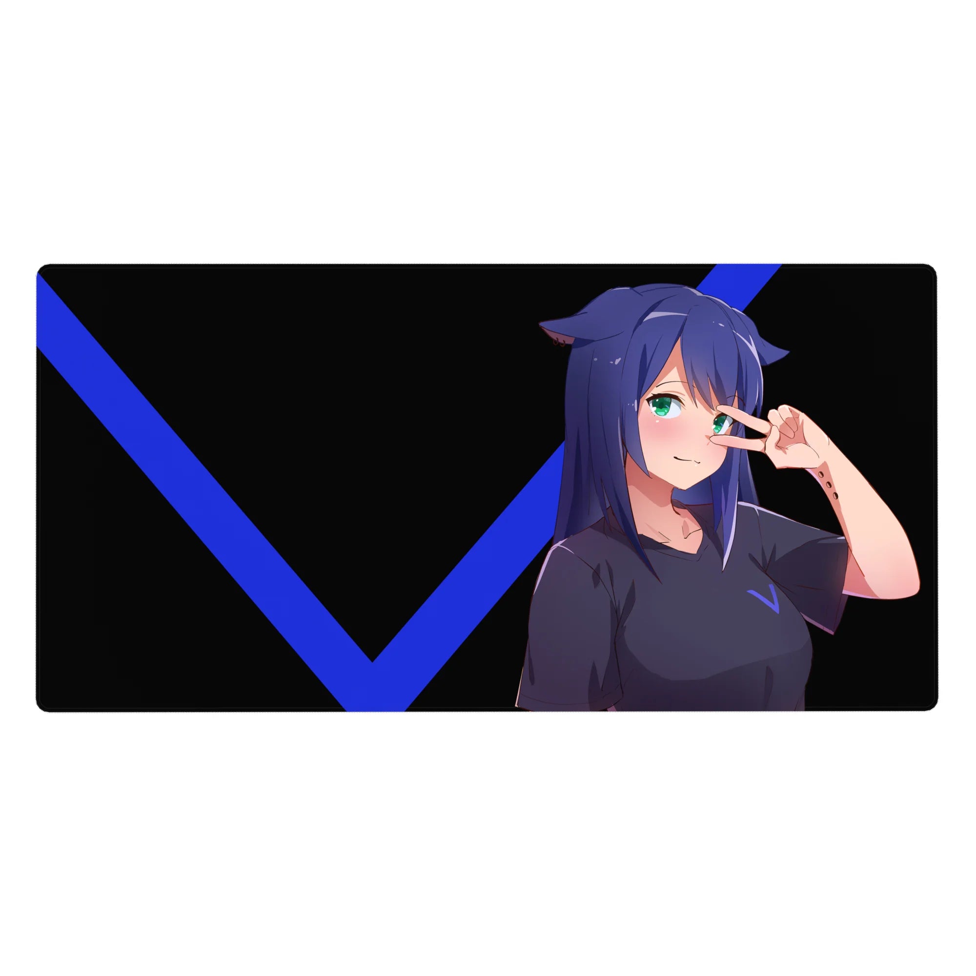 Anime girl desk pad 40x20 inches with cat ears and peace sign pose on a sleek black background.