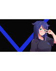 Anime girl desk pad 40x20 inches with cat ears and peace sign pose on a sleek black background.