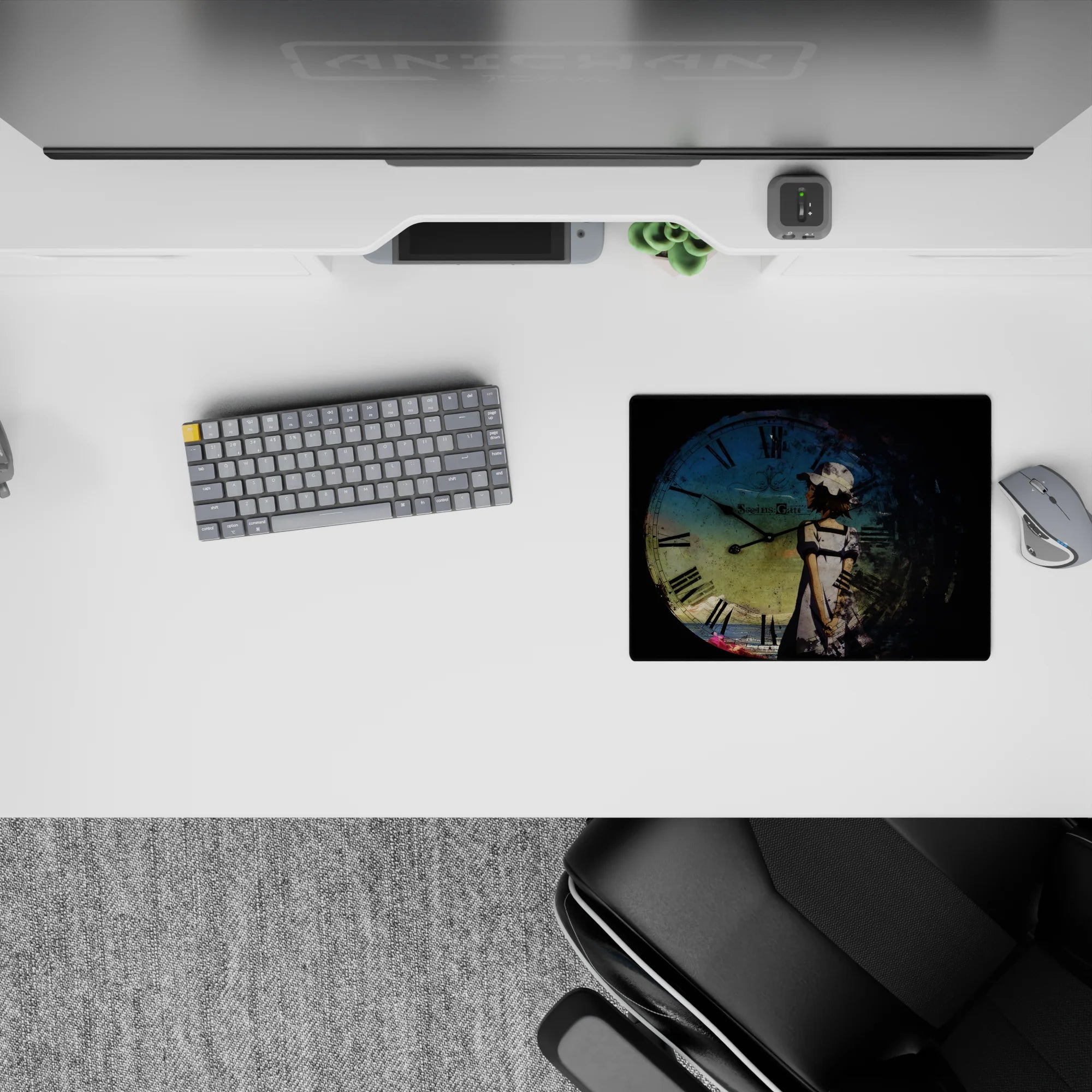14x10 inches anime mouse pad in soft blue and deep black, moody worn clock design, calming vibe.