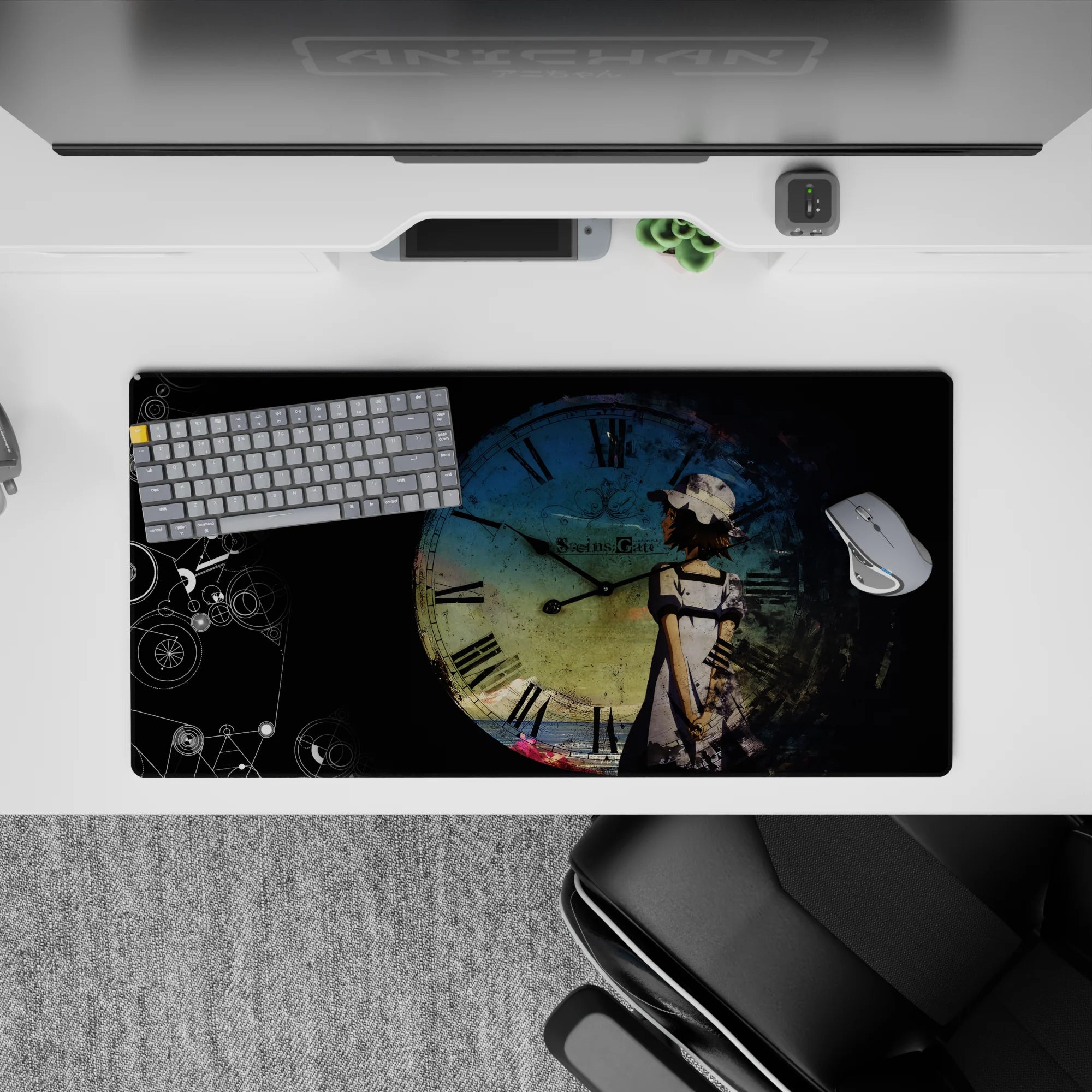 32x16 inches moody blue-and-black anime mouse pad with faded clock, ink scratches, and calm grunge feel.