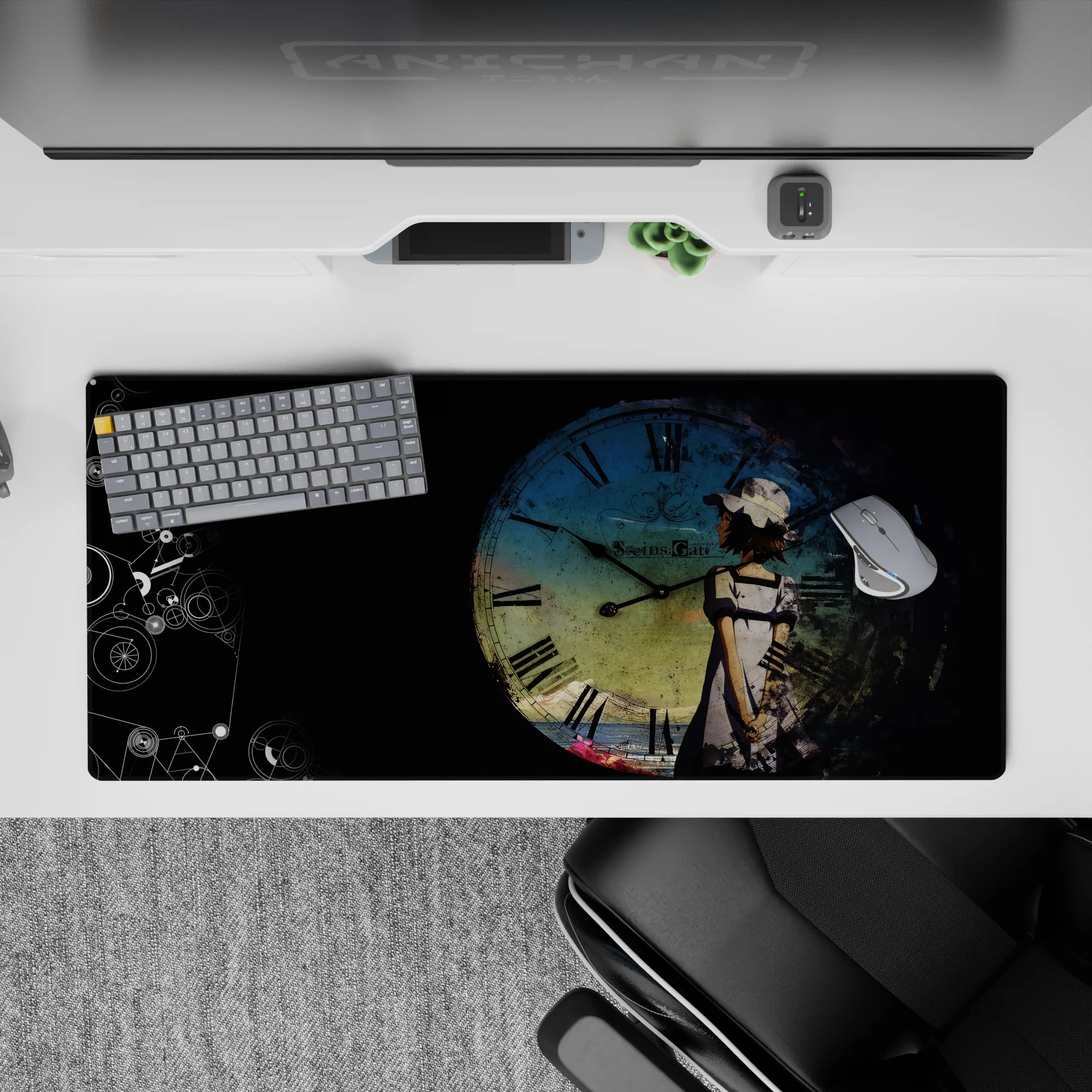 Moody blue-and-black anime desk pad 36x16 inches with faded clock, ink scratches, and calm grunge vibe.
