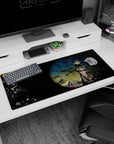 Anime desk pad 36x16 inches showing a lone girl in pale uniform and cap, profile pose before a blue clock.