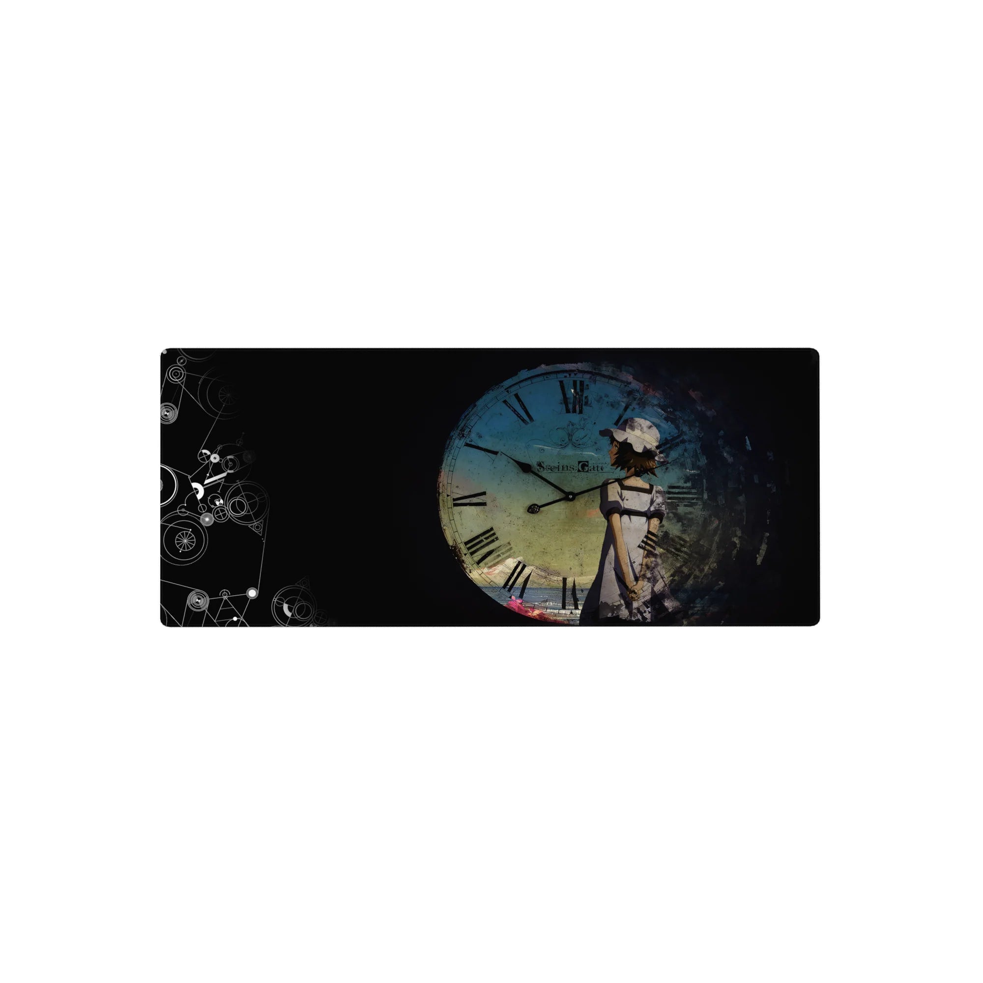 28x12 inches anime mouse pad with blue clock face, grunge texture, black space, roman numerals and symbols.