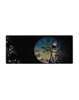 28x12 inches anime mouse pad with blue clock face, grunge texture, black space, roman numerals and symbols.