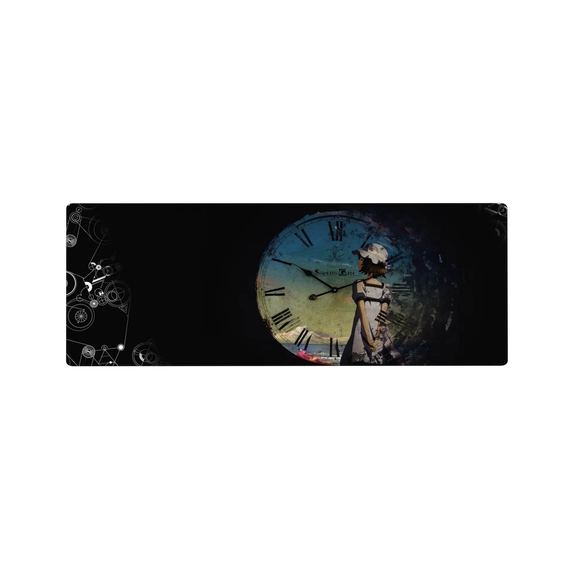 32x12 inches anime mouse pad with blue clock face, grunge texture, Roman numerals, and symbols on black.
