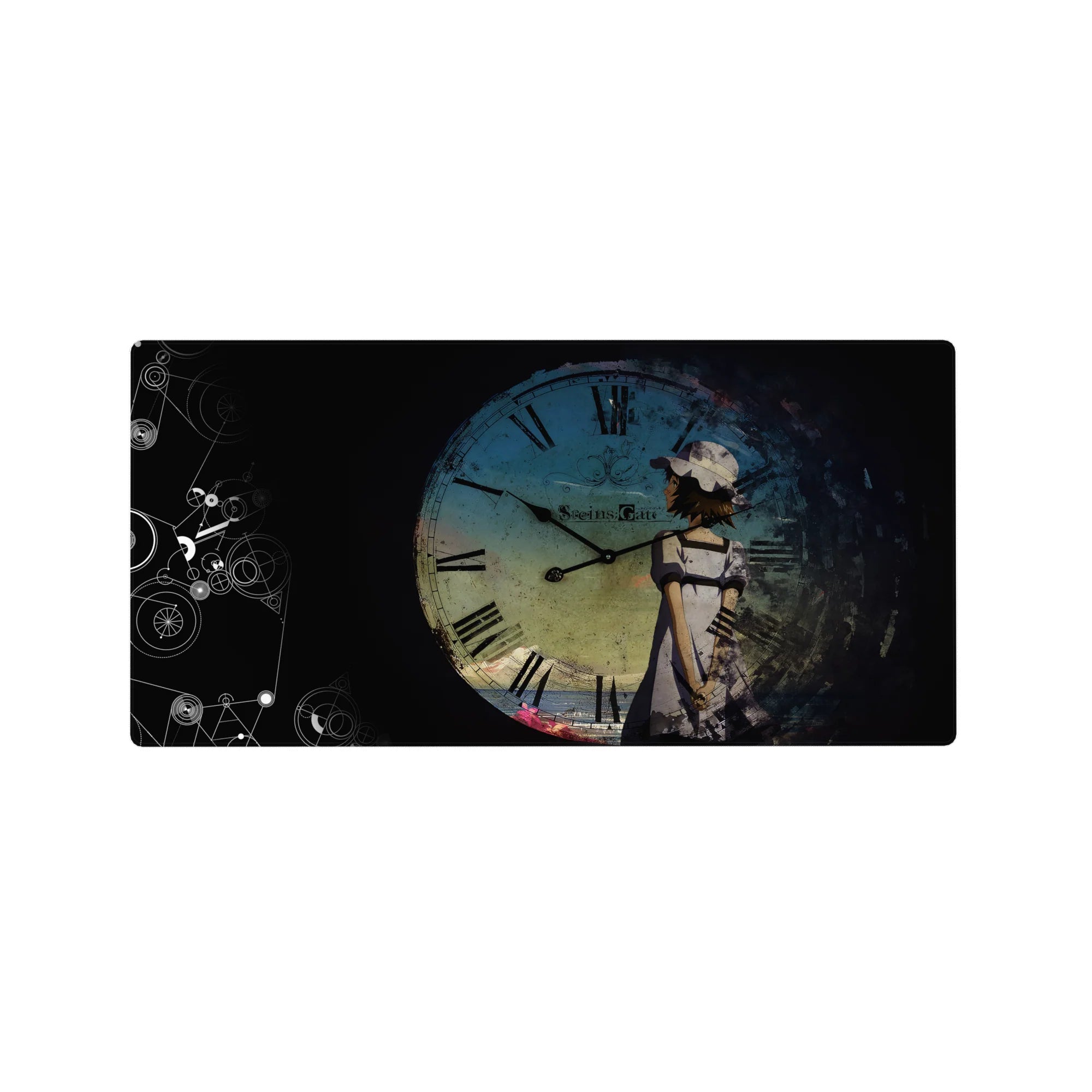 32x16 inches anime mouse pad with blue clock face, grunge texture, Roman numerals, and black space.