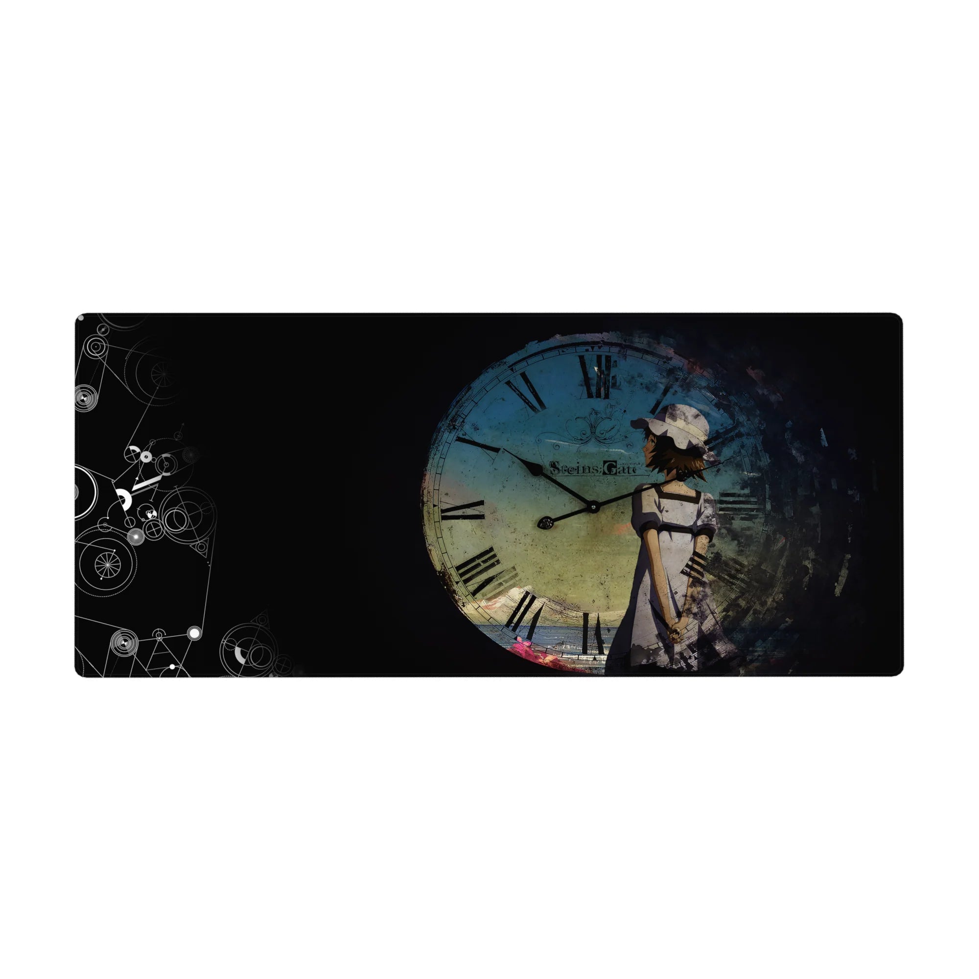 Anime desk pad 36x16 inches with blue clock face, grunge texture, Roman numerals, and symbols on black.