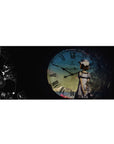Anime desk pad 36x16 inches with blue clock face, grunge texture, Roman numerals, and symbols on black.