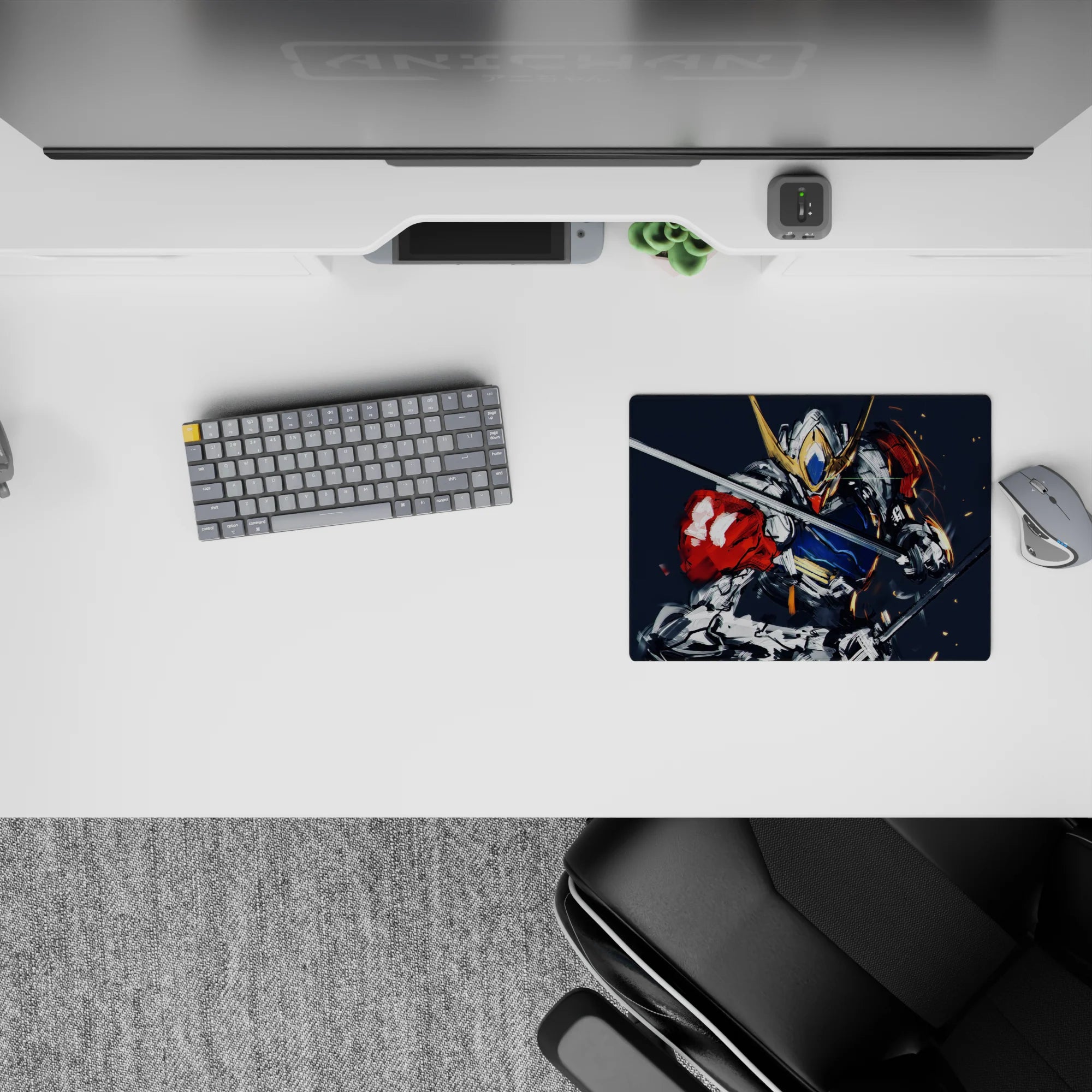 Steel gray and navy anime mouse pad 14x10 inches with red shoulder pop, gold horns, and dark gritty vibe.