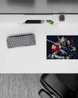 Steel gray and navy anime mouse pad 14x10 inches with red shoulder pop, gold horns, and dark gritty vibe.
