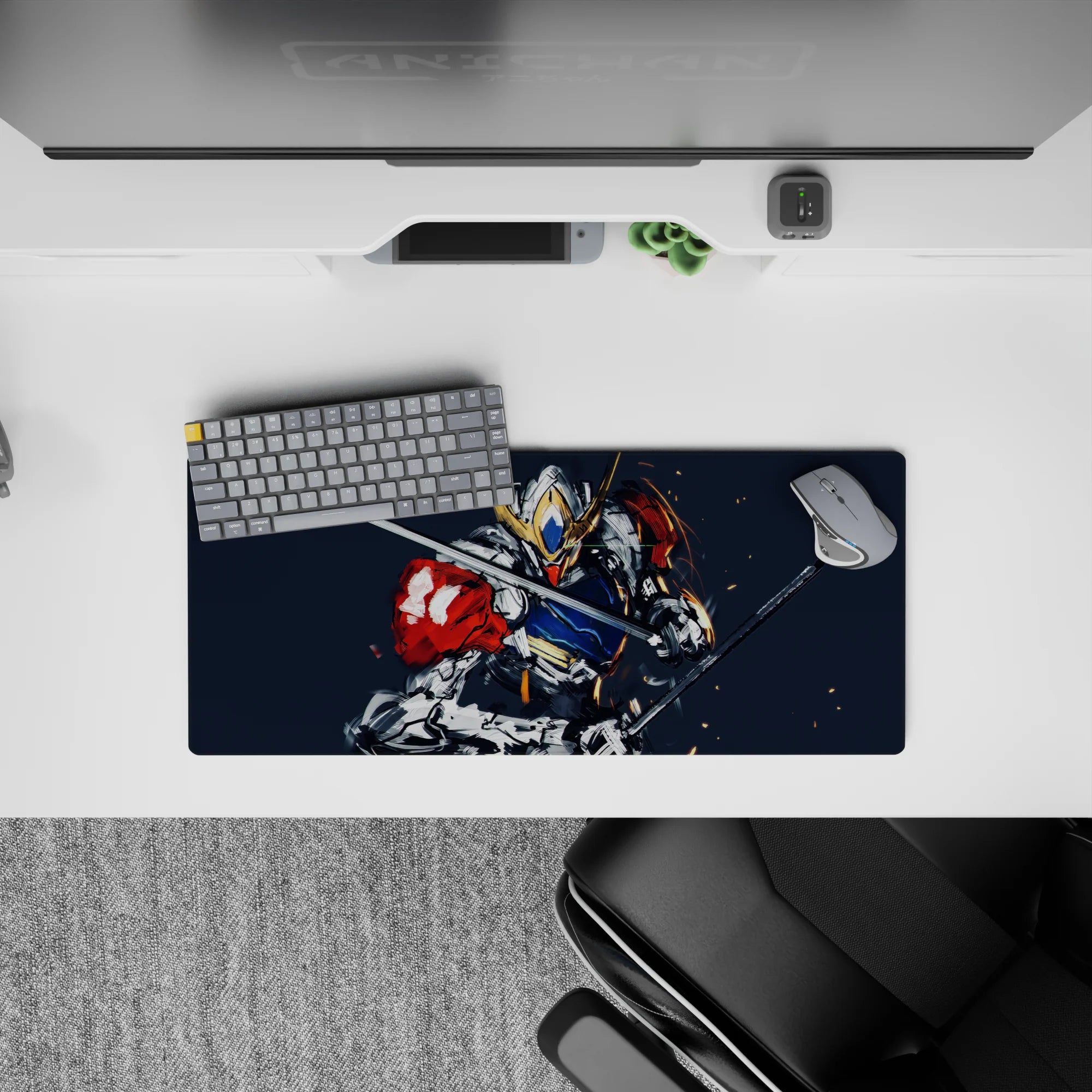 28x12 inches anime mouse pad in steel gray and deep navy with bold red accents, gold horns, and high-speed vibes.