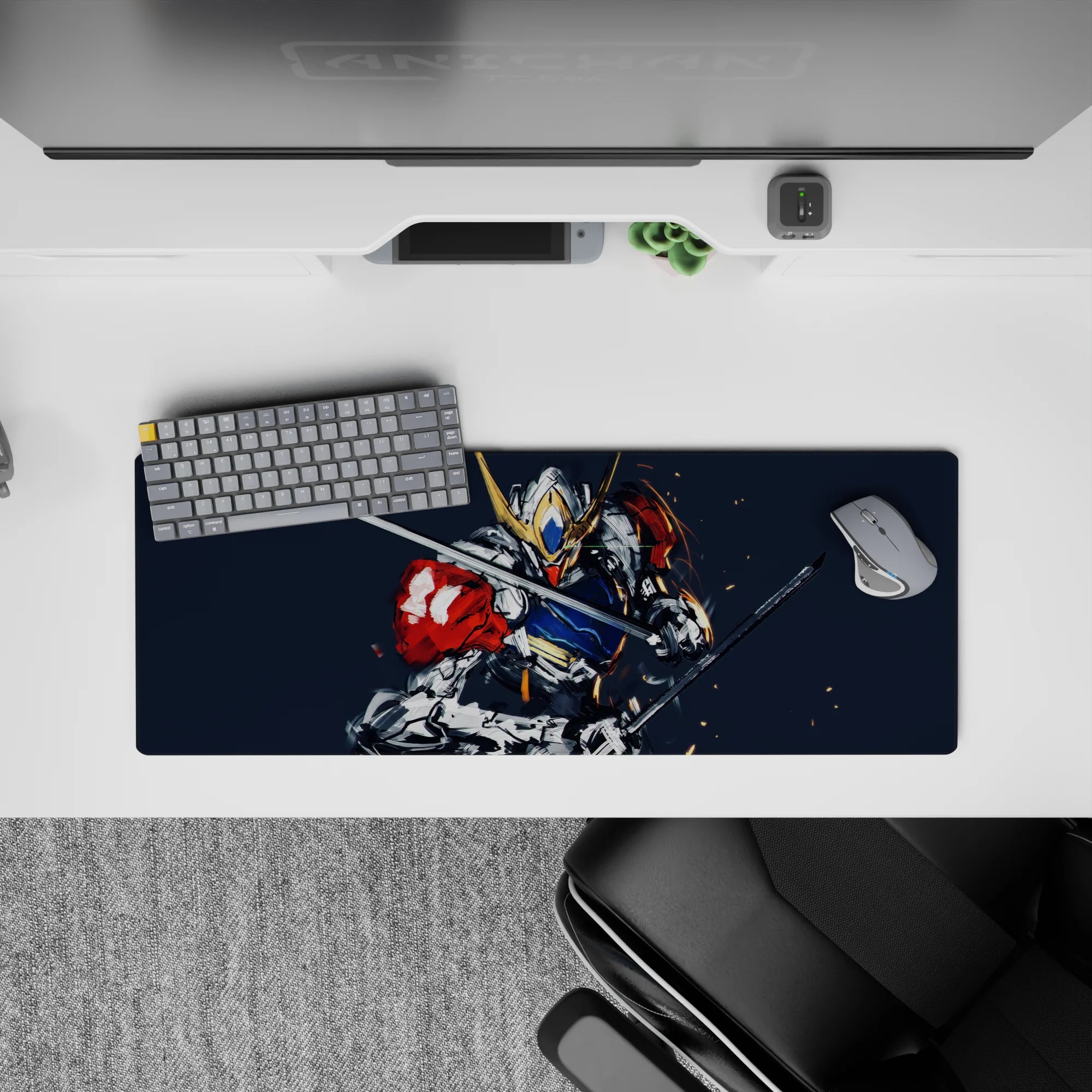 32x12 inches anime mouse pad in steel gray and deep navy with punchy red accents and fast, risky energy.