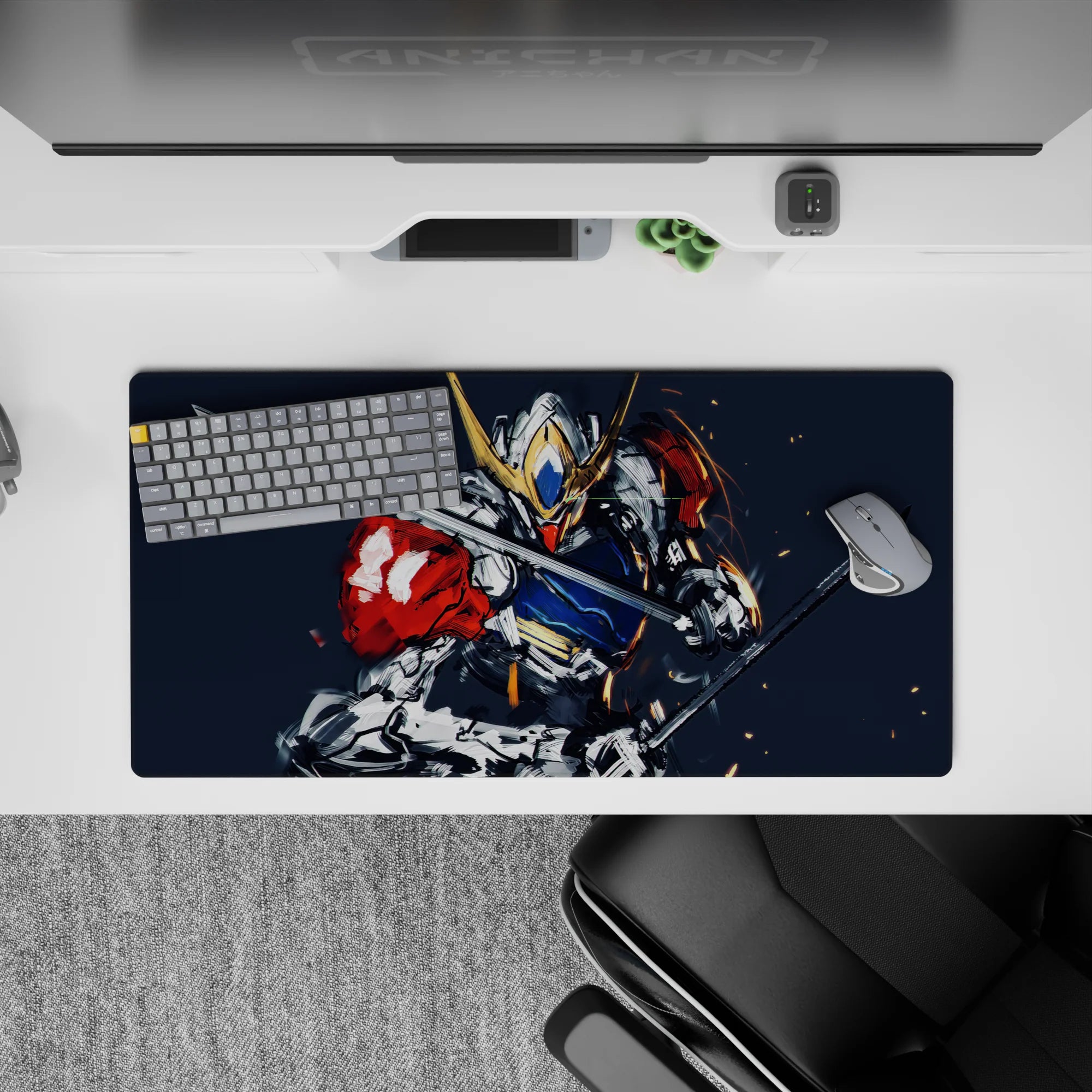 32x16 inches anime mouse pad in steel gray and deep navy with red shoulder pop, gold horns, high-energy vibe.