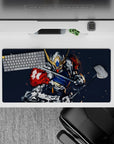32x16 inches anime mouse pad in steel gray and deep navy with red shoulder pop, gold horns, high-energy vibe.
