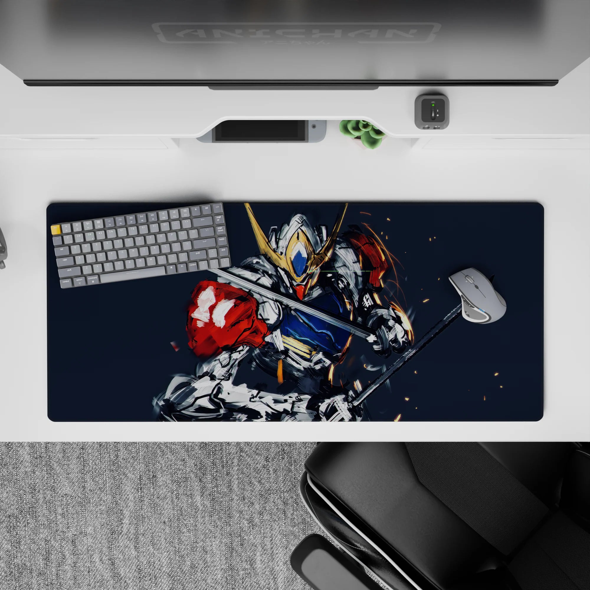 36x16 inches anime desk pad in steel gray and deep navy with punchy red accents, dark backdrop, high-energy vibe.