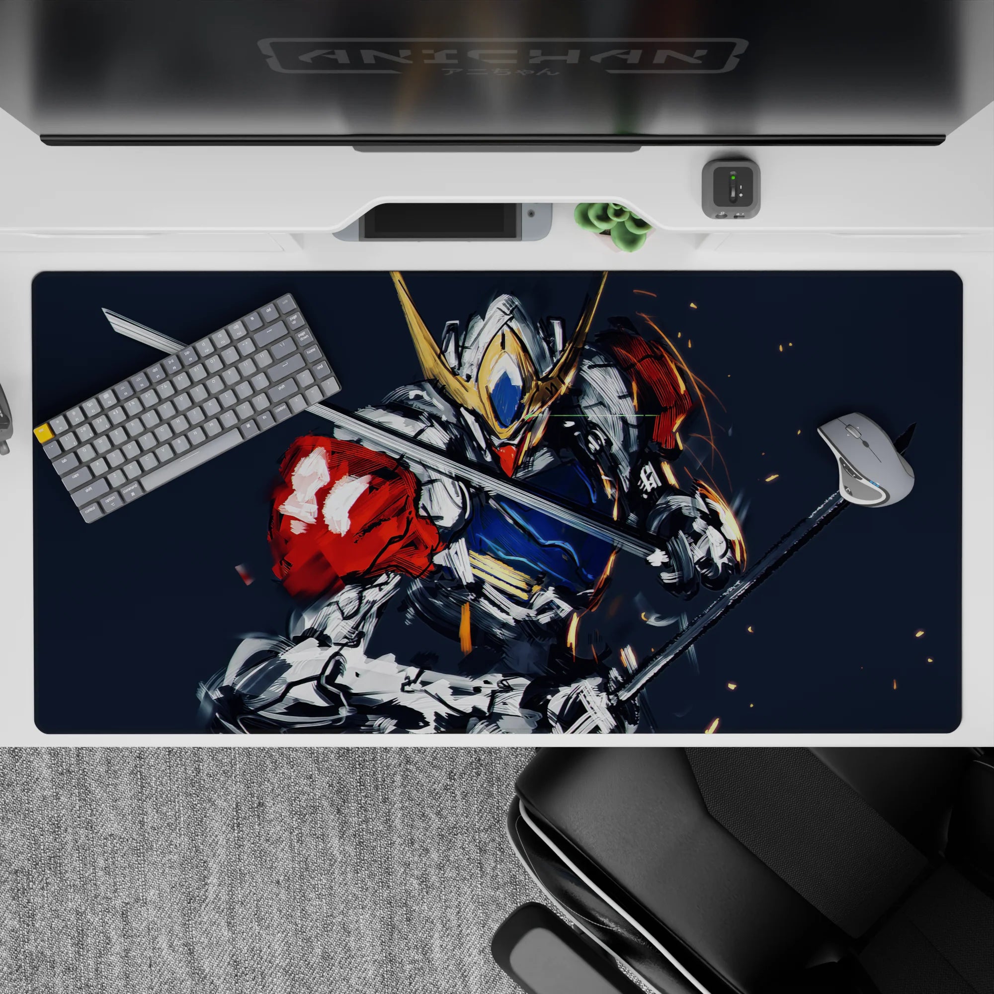 40x20 inches anime desk pad in steel gray and deep navy with red shoulder pop, fast gritty energy.