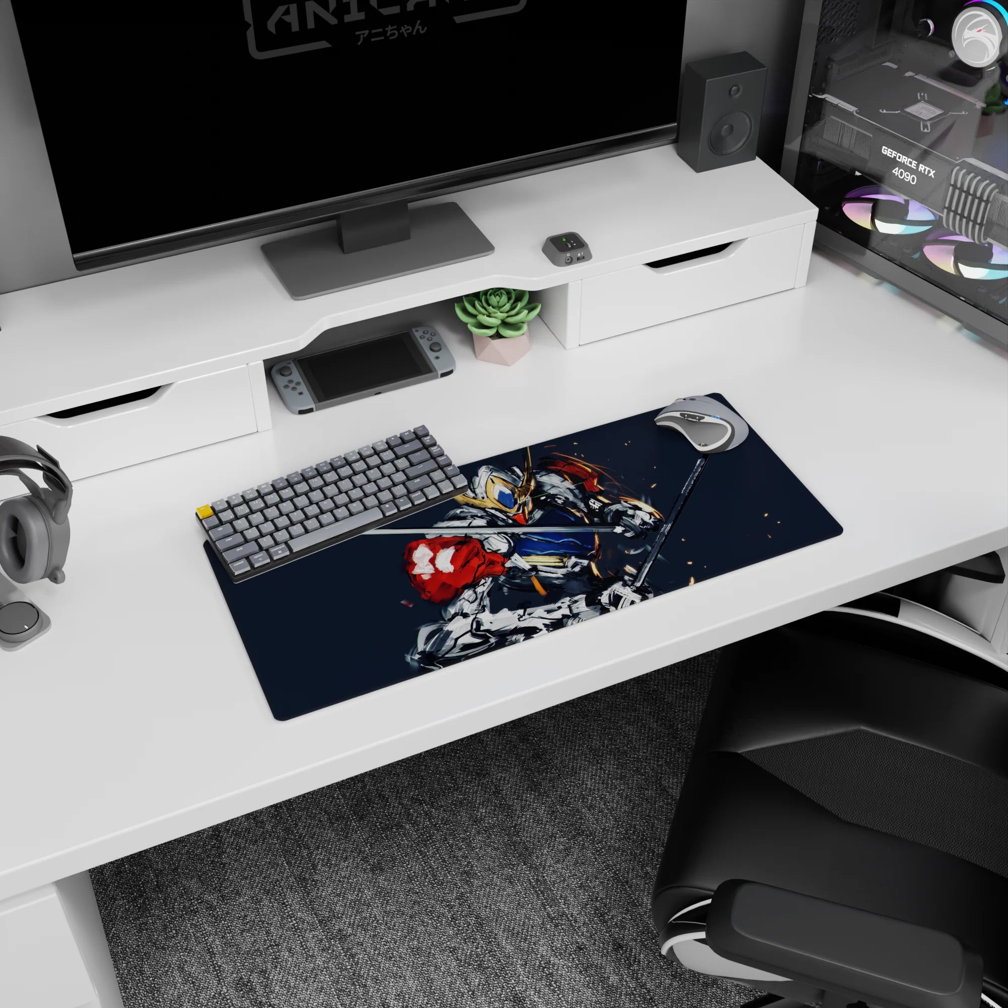 28x12 inches Gundam Barbatos mouse pad from Iron-Blooded Orphans, slashing forward amid sparks and motion lines.