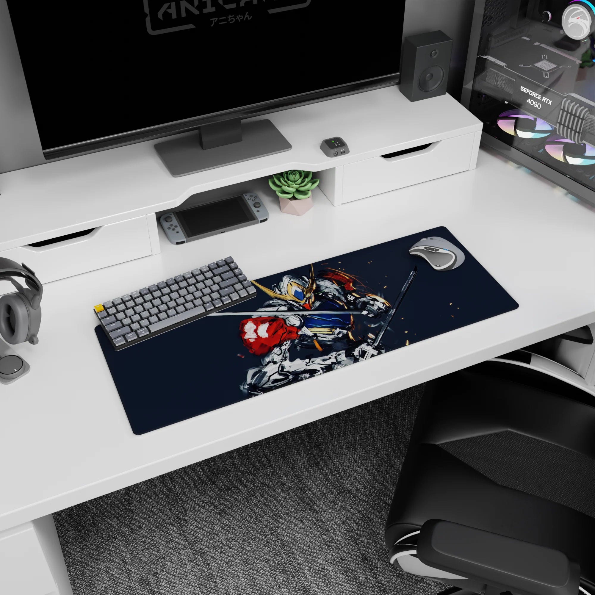 32x12 inches Gundam Barbatos mouse pad from Iron-Blooded Orphans, horns glowing as blades clash in sparks.