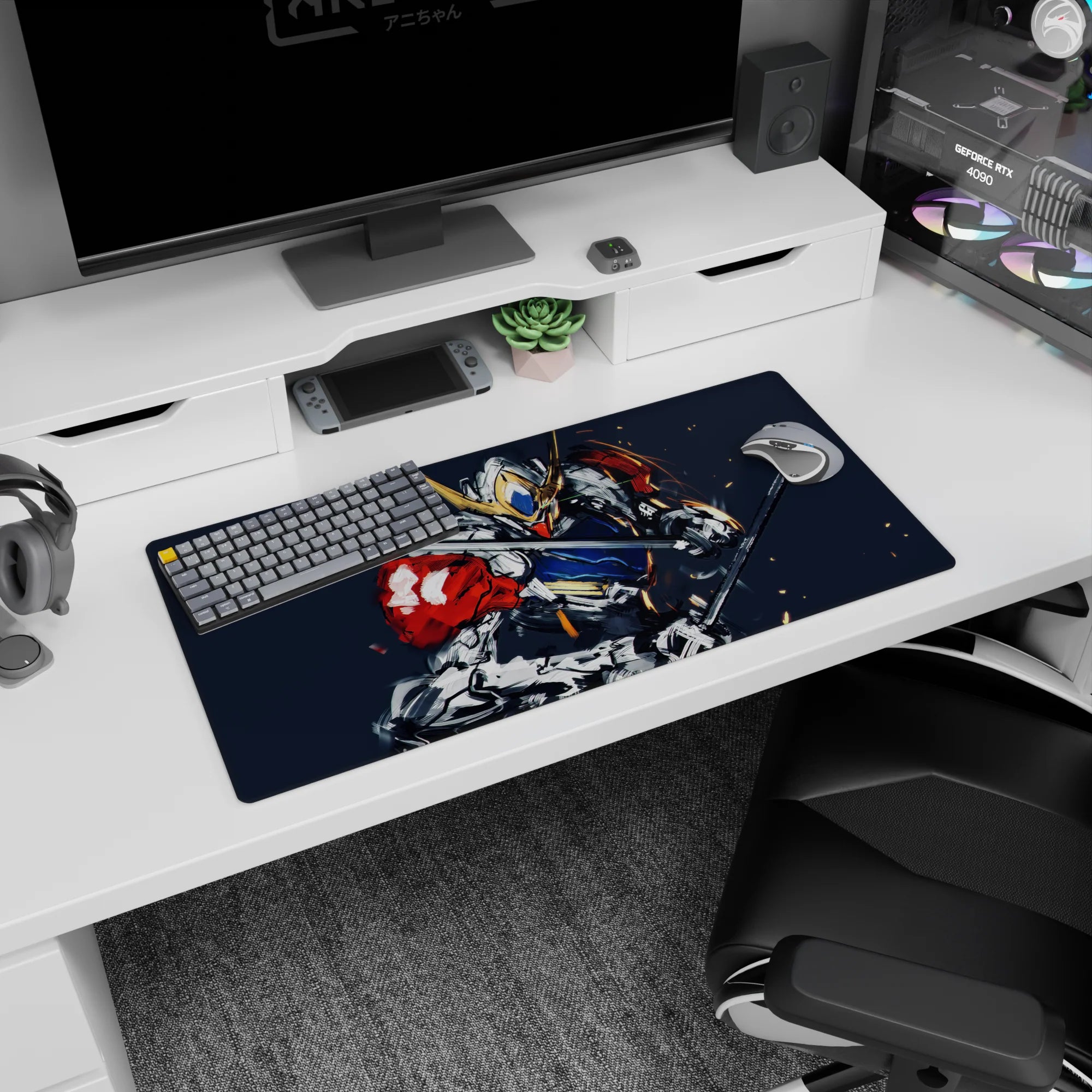 32x16 inches Gundam Barbatos mouse pad with blades out, charging through sparks on a dark comic-panel backdrop.