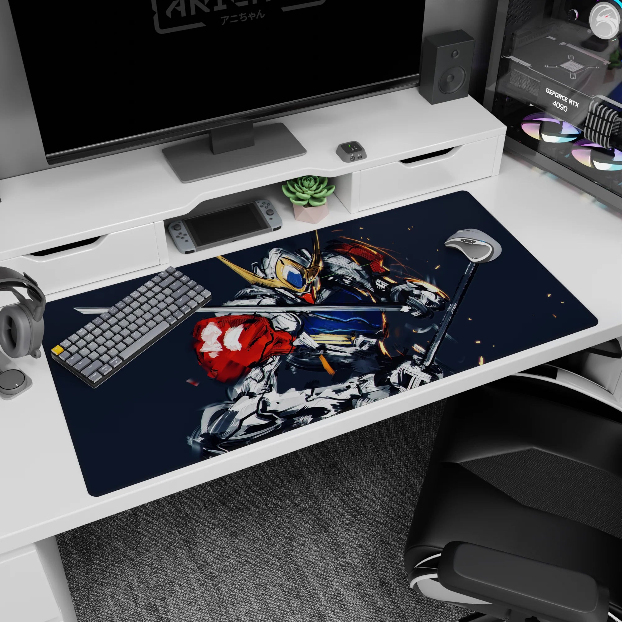 40x20 inches Gundam Barbatos desk pad from Iron-Blooded Orphans, blades drawn amid sparks and motion.