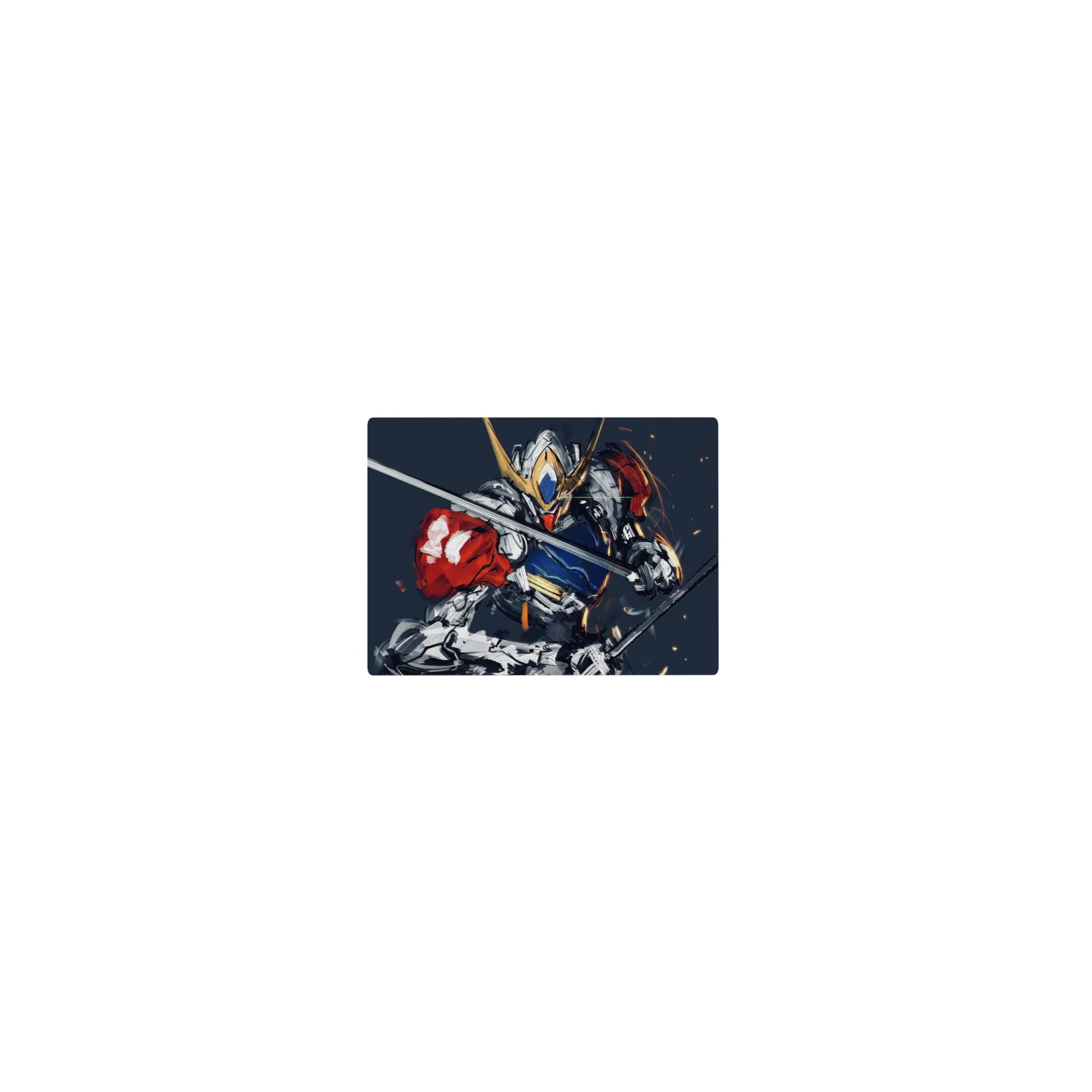 Classic anime mouse pad 14x10 inches featuring dynamic mecha armor art with sparks and brushstroke speed lines.