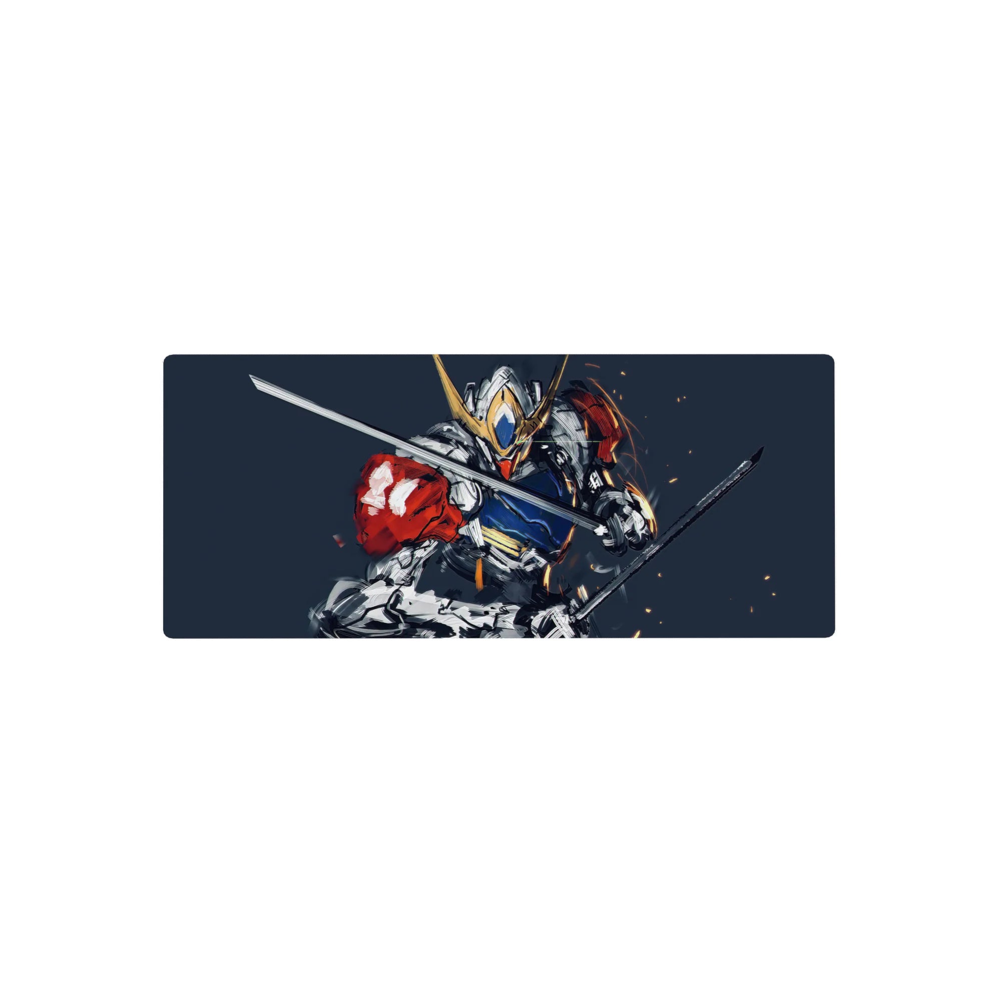 28x12 inches anime mouse pad with Gundam-style mecha art, dynamic brushstrokes, sparks, and blades-out pose.