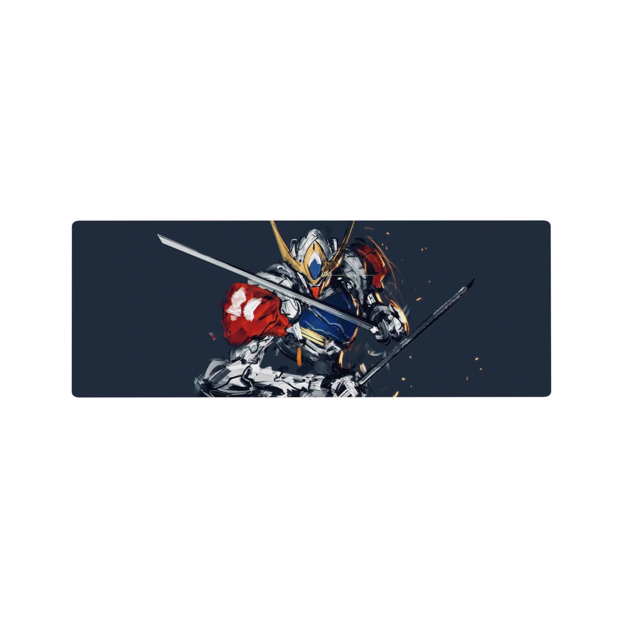 32x12 inches anime mouse pad with dynamic Gundam mecha art, brushstroke sparks, and bold armor details.