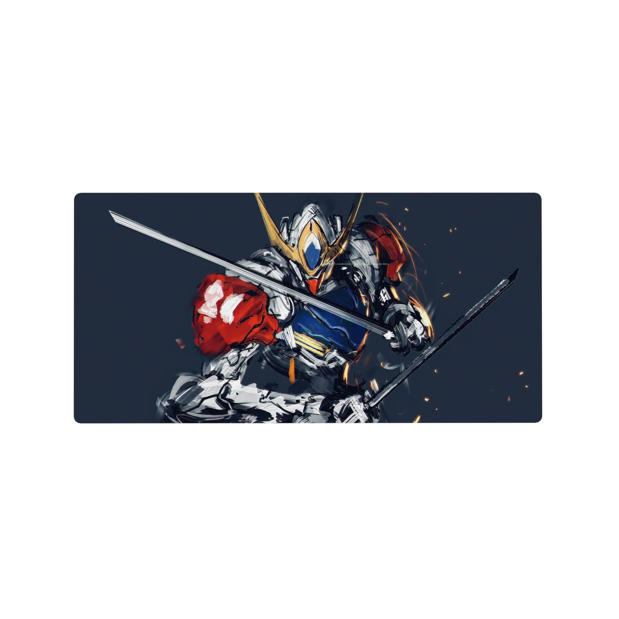 32x16 inches anime mouse pad featuring Gundam Barbatos in dynamic steel armor with sparks and brushstroke lines.