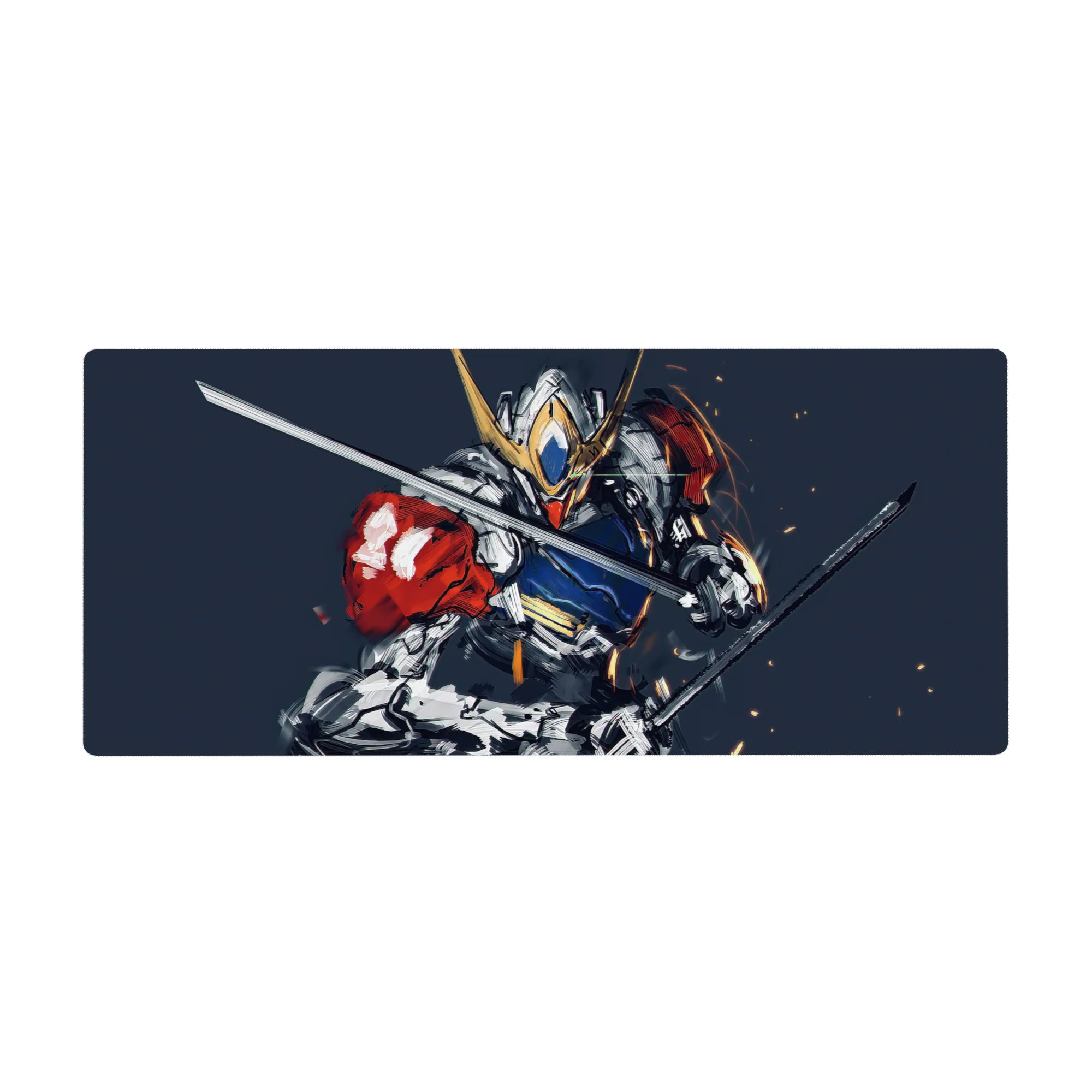 Anime desk pad 36x16 inches with mecha armor art, dynamic sparks, brushstroke speed lines, bold comic style.