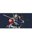 Anime desk pad 36x16 inches with mecha armor art, dynamic sparks, brushstroke speed lines, bold comic style.