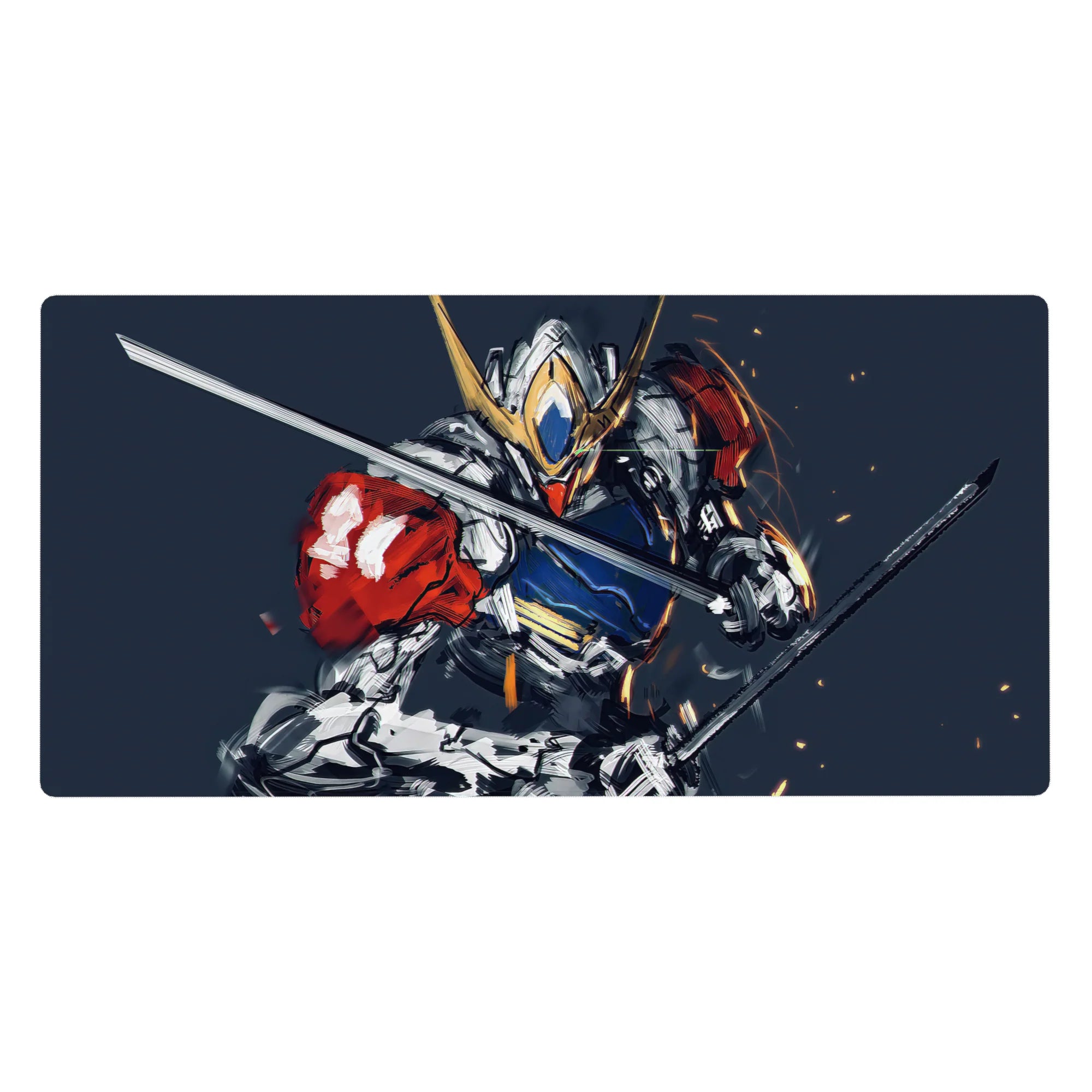 40x20 inches anime desk pad with Gundam-style mecha, brushstroke sparks, and bold horned armor art.