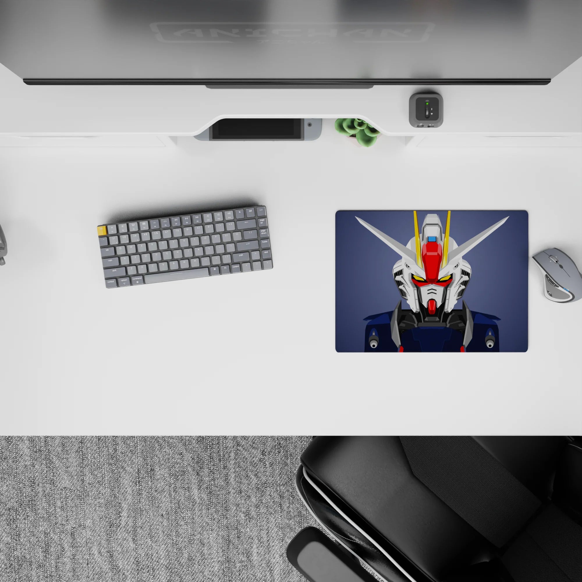 Anime mouse pad 14x10 inches in clean white and navy armor on slate, with bold red and yellow accents.