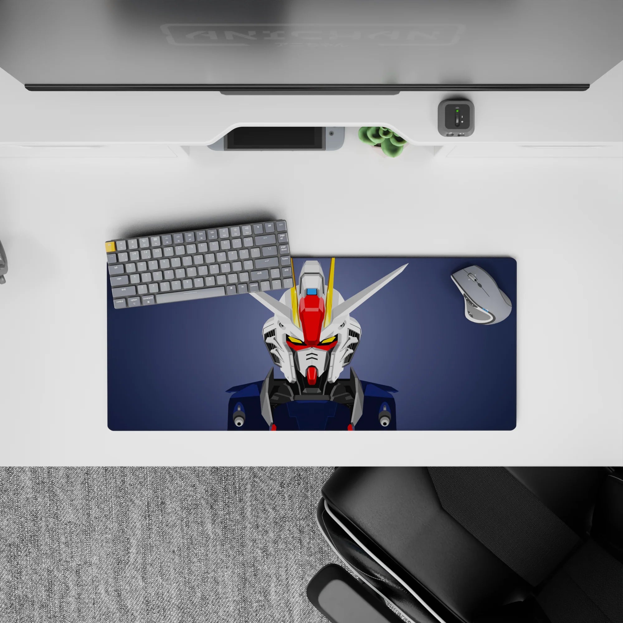 28x12 inches anime mouse pad in white and navy armor on slate, red faceplate and yellow V-fin.