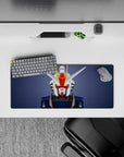 28x12 inches anime mouse pad in white and navy armor on slate, red faceplate and yellow V-fin.