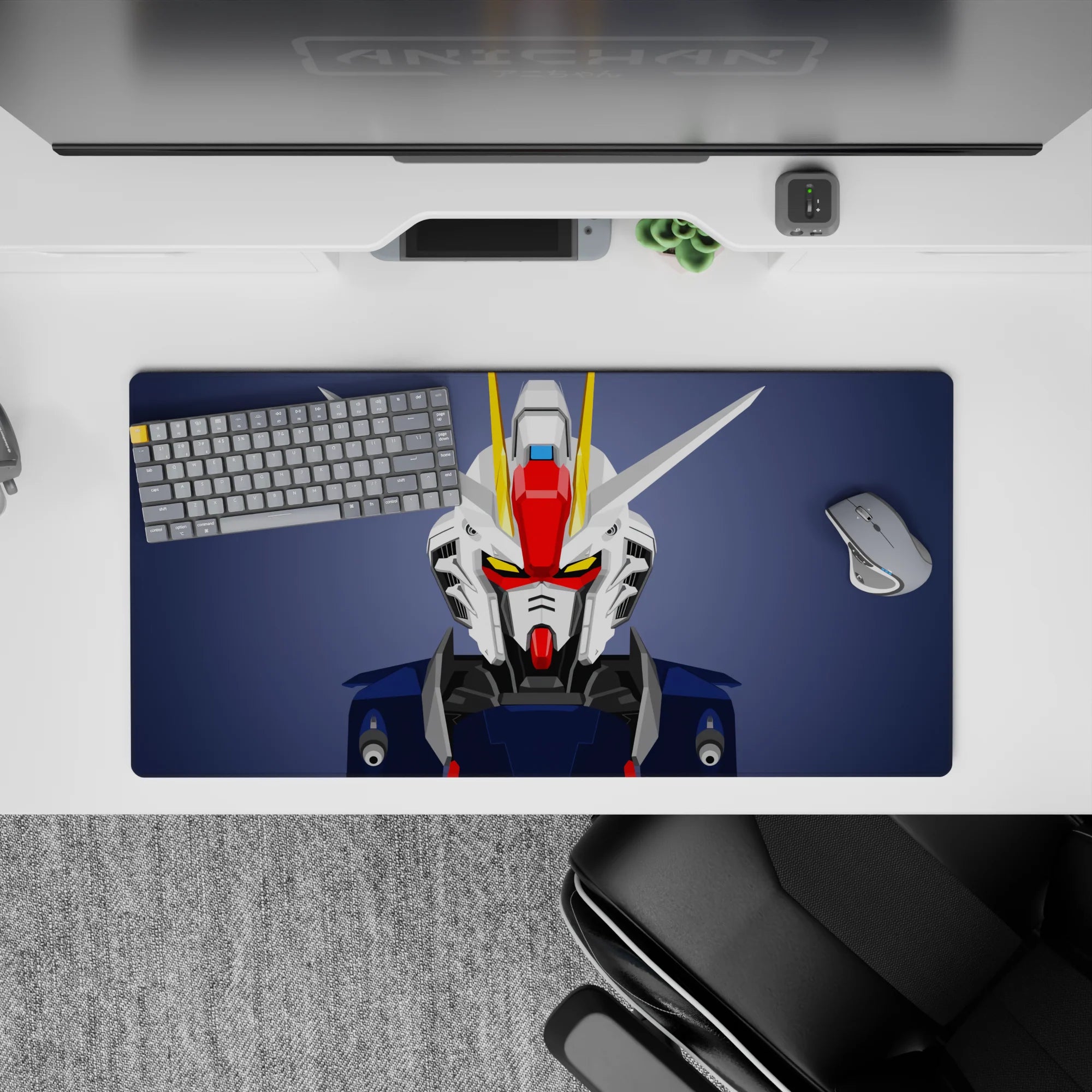 Slate background anime mouse pad 32x16 inches in clean white and navy armor, red faceplate, yellow V-fin.