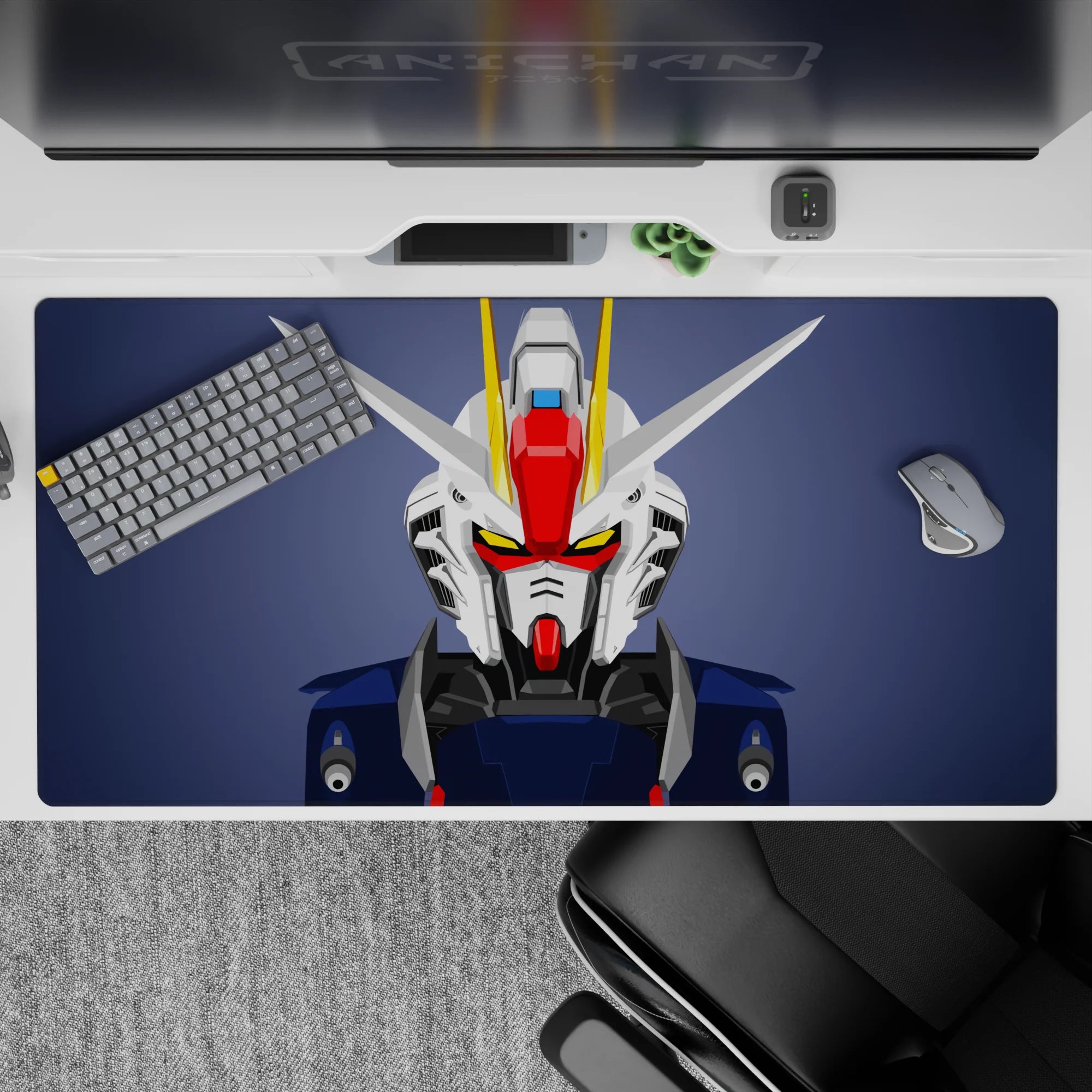 Slate backdrop with clean white and navy armor, red faceplate and yellow V-fin, 40x20 inches.