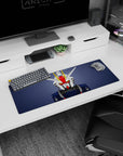 Gundam RX-78 head close-up guarding the desk on an anime mouse pad 32x12 inches, sharp V-fin.