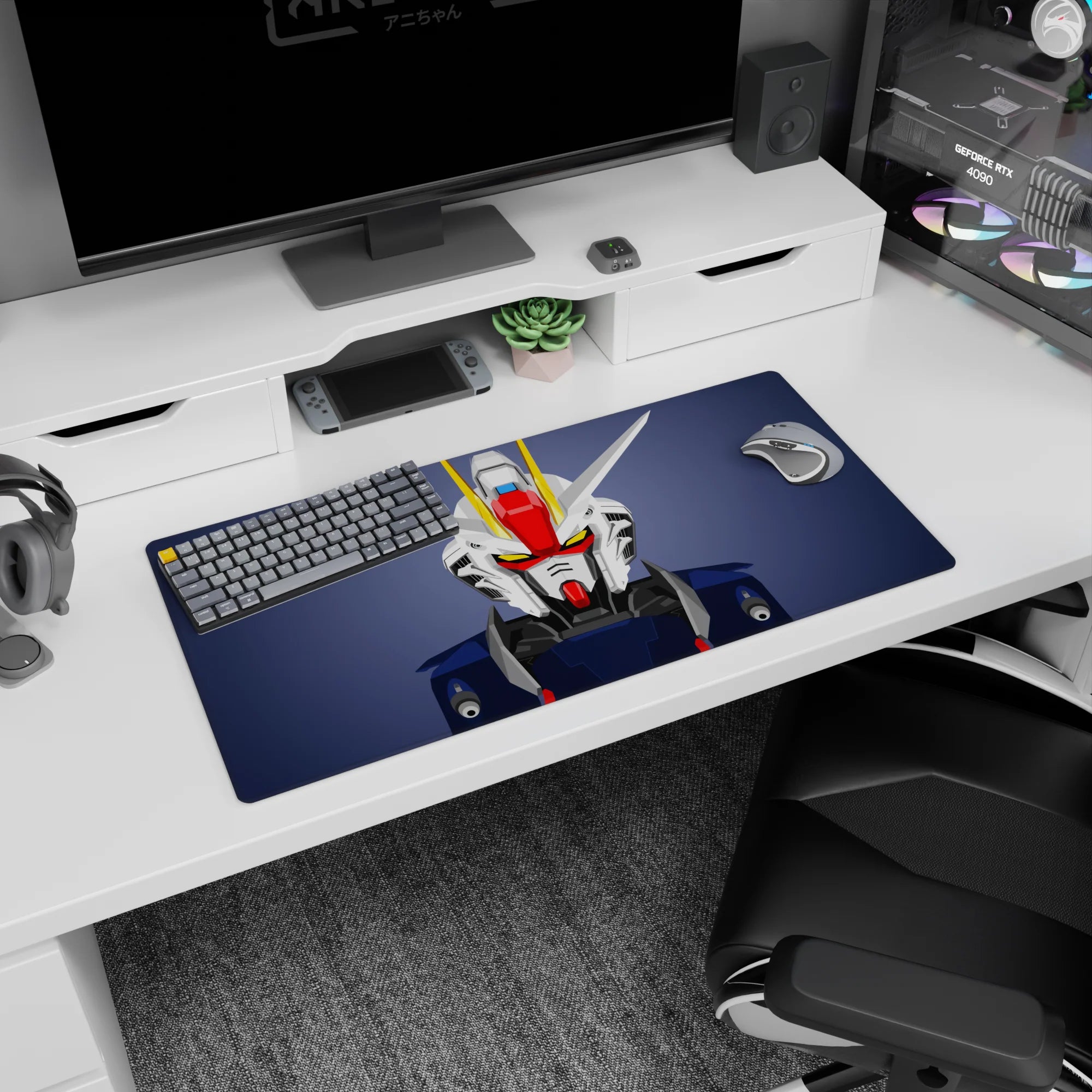 Gundam RX-78 inspired anime mouse pad 32x16 inches showing a bold mecha face guarding your desk.